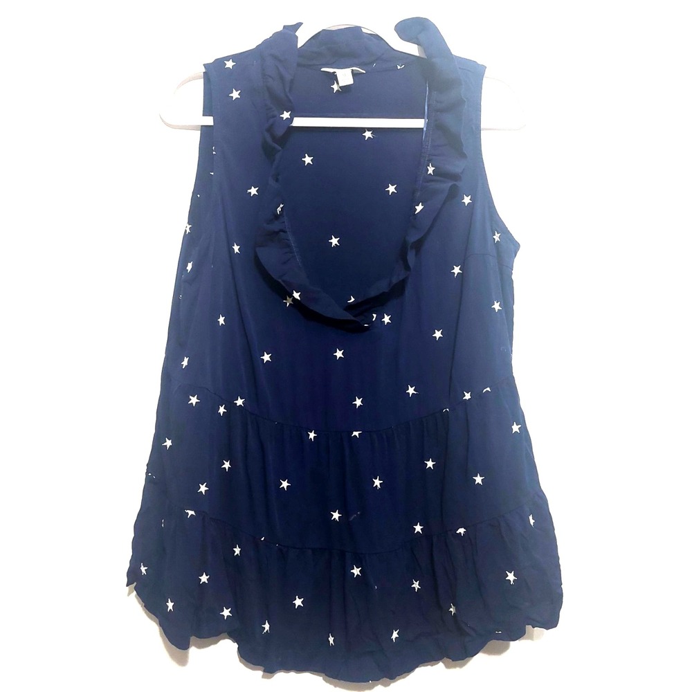 Crown & Ivy Womens Sleeveless Tiered Blouse Size Med Ruffle Neck Navy White Star